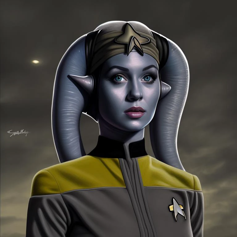 high quality photorealistic painting of a twi'lek woman in a grey starfleet uniform