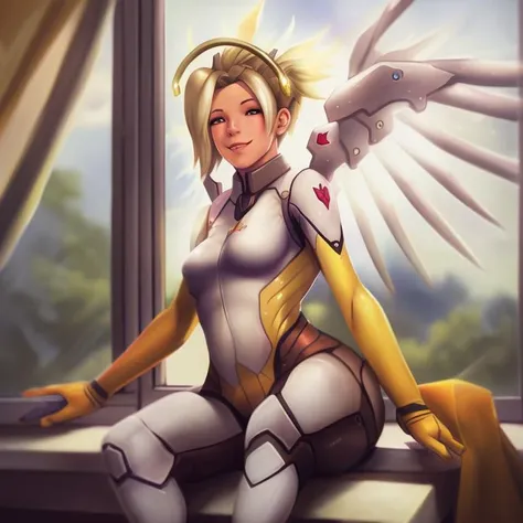 photorealistic painting of a ((tiny)) Mercy sitting on a windowsill