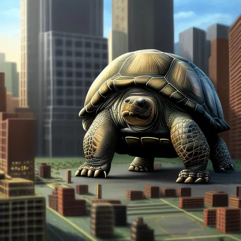 photorealistic digital painting of a giant tortoise stepping on tiny buildings