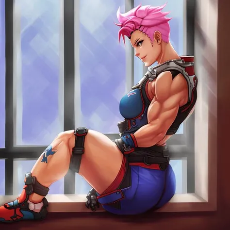 photorealistic painting of a ((tiny)) Zarya sitting on a windowsill