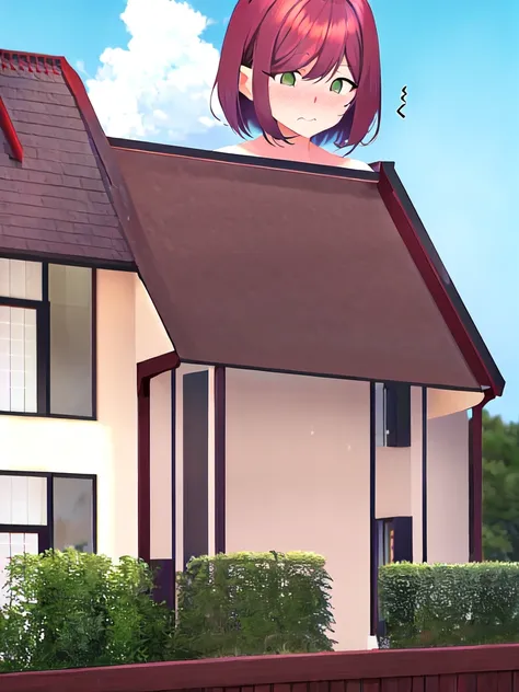 anime illustration of a nude giant woman growing out of a house, mid transformation <lora:SakuraVRC:0.6>, SakuraVRC, masterpiece, best quality, depth of field, 1girl, red hair, short hair, green eyes, blush, embarrassed, closed mouth, giantess, giant, transformation sequence, <lora:species_v03:0.8>