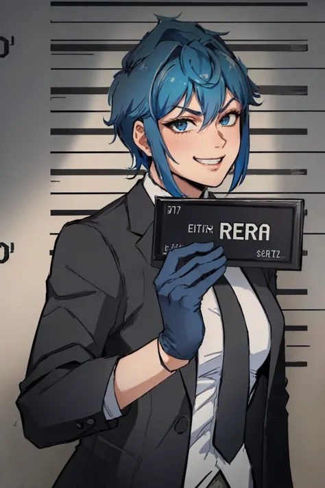 (masterpiece, best quality:1.2), cowboy shot, solo, 1girl, SydneyPD, evil grin, looking at viewer, barbie mugshot, short hair, white shirt, necktie, formal, suit, black jacket, blue gloves, sleeves rolled up <lora:SydneyPayday:0.8> <lyco:barbieMugshot_B:0.9>