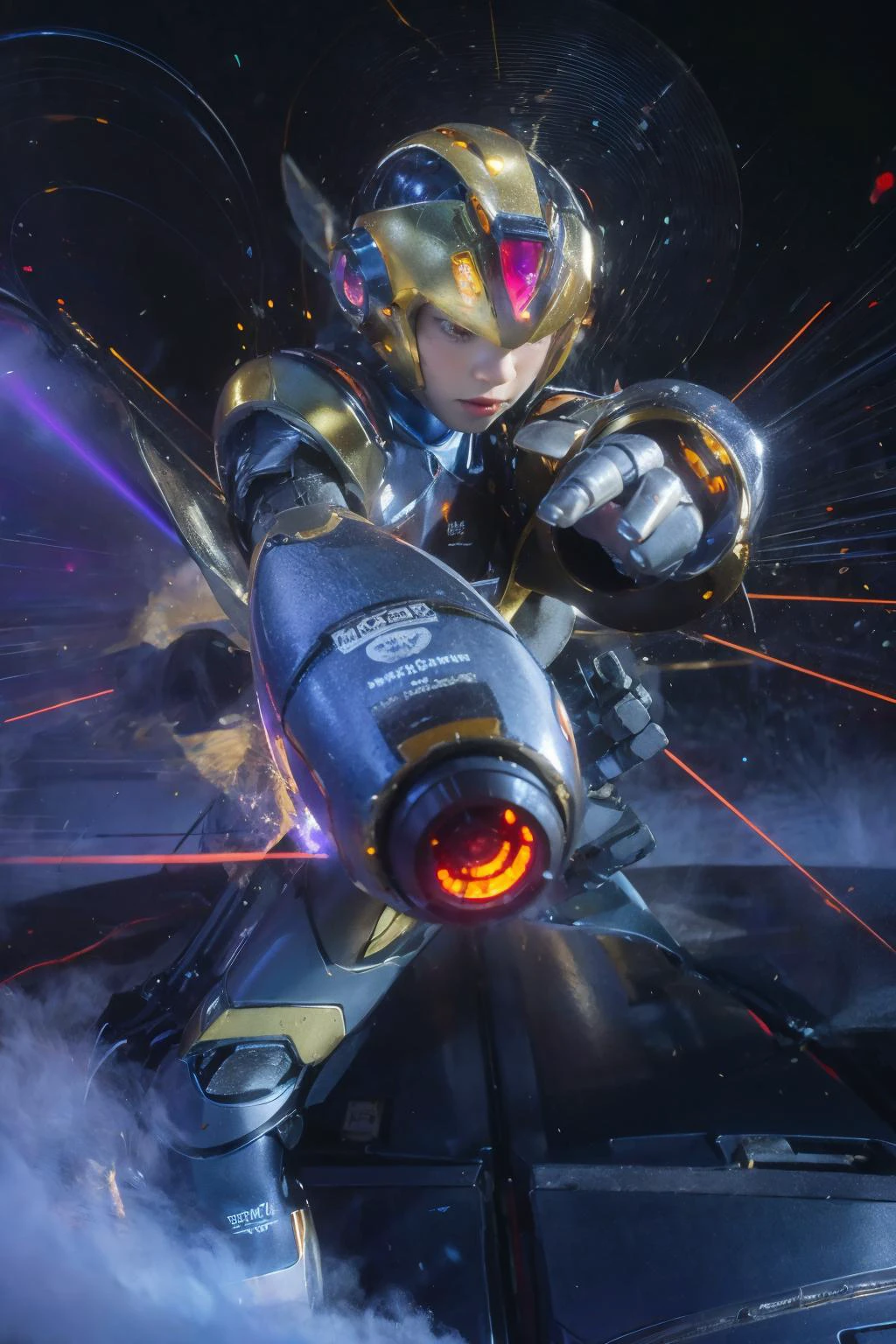 highres, 8k, absurdres, solo, 1girl, close up, upper body, detailed face, unleashing powerful laser beams from its arm cannon, (aiming viewer:1.2), laser beams, (sunbeam:1.4), god rays, long hair, solo, medium breasts, kai (rockman x), (robot:1.2), android, robot joint, (helmet:1.3), simple background, energy waves,
<lora:JP_Girl-000011:0.15> , <lora:RM3X-Kai:0.75> ,