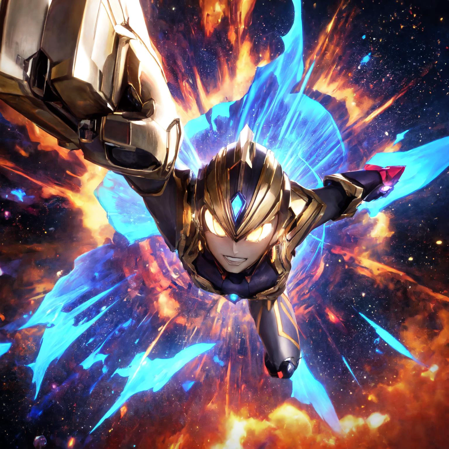 (Ultraman_Rise:1.5),(tokusatsu:1.3),(clenched hand:1.4),flying,fist,sky,from above,(tokusatsu:1.5),<lora:Ultraman_Rise_v2-000005:0.7>, <lora:RM3X-Kai:0.65> (kai (rockman x):1.2), robot, android, robot joint, helmet, purple pupil, laser, laser aiming viewer, laser beam,