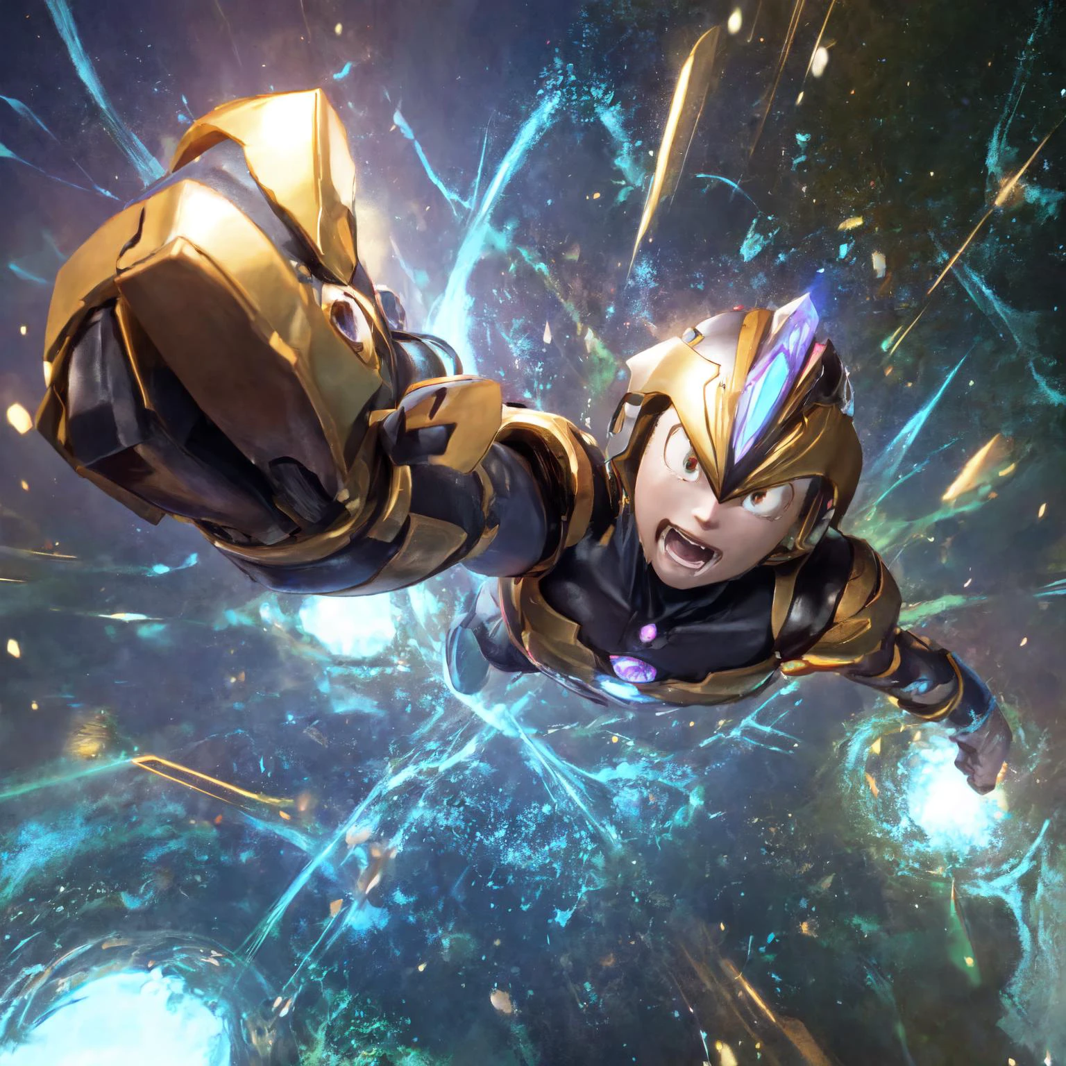(Ultraman_Rise:1.5),(tokusatsu:1.3),(clenched hand:1.4),flying,fist,sky,from above,(tokusatsu:1.5),<lora:Ultraman_Rise_v2-000005:0.7>, <lora:RM3X-Kai:0.75> (kai (rockman x):1.2), robot, android, robot joint, helmet
