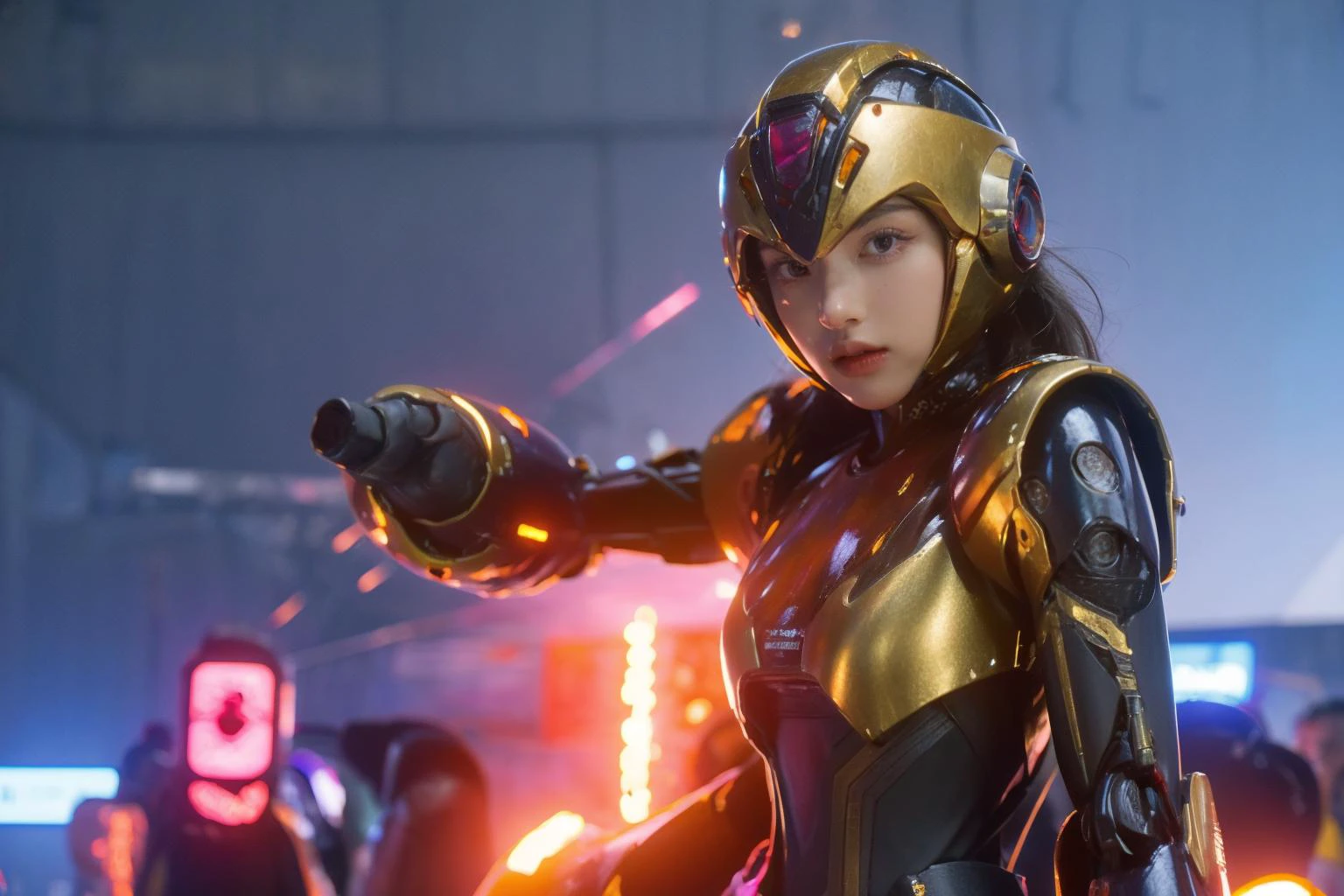 highres, 8k, absurdres, solo, 1girl, unleashing powerful laser beams from its arm cannon, aiming viewer, long hair, solo, medium breasts, kai (rockman x), robot, android, robot joint, (helmet:1.3), outdoor, (cyber world:1.3), metal fences, robotic scene, <lora:Cyberworld_20230622141420-000018:0.8> Cyberworld,
<lora:JP_Girl-000011:0.15> , <lora:RM3X-Kai:0.75> ,
