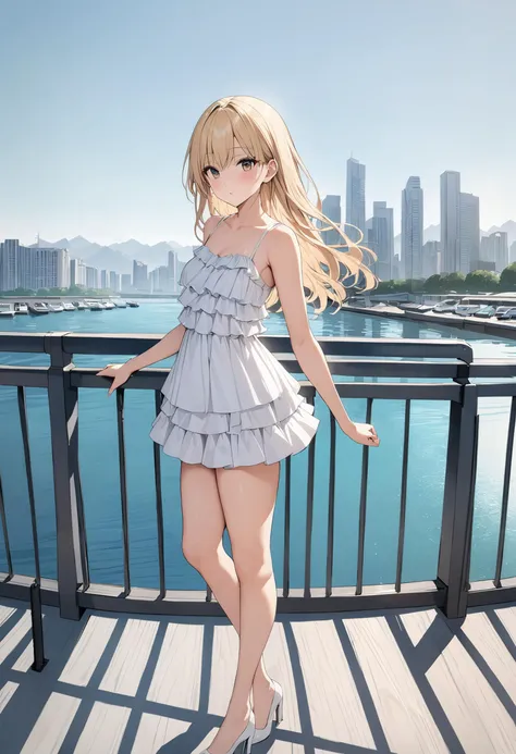 anime masterpiece, wide shot of a gorgeous 21yo woman, side view, blonde wild hair, hair flowing with the wind, city marina background, leaning against railing, ideal face, ideal body, wearing ruffle mini dress, extremely detailed, 4k, hdr, <lora:BT_Ruffle_Mini_Dress_XL:0.7>