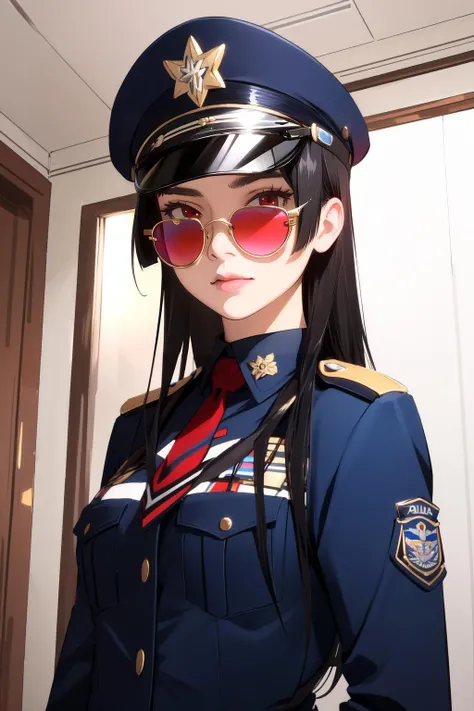 (masterpiece, best quality), intricate details,
1girl, <lora:rory_mercury-10:0.8> rory_mercury, police uniform, police cap, red eyes,
indoors, <lora:Saya-looking over eyewear:0.8> looking over eyewear, black aviator sunglasses, <lora:Prop_Sunglasses_v1:0.8> Glasses, Sunglasses, Aviators