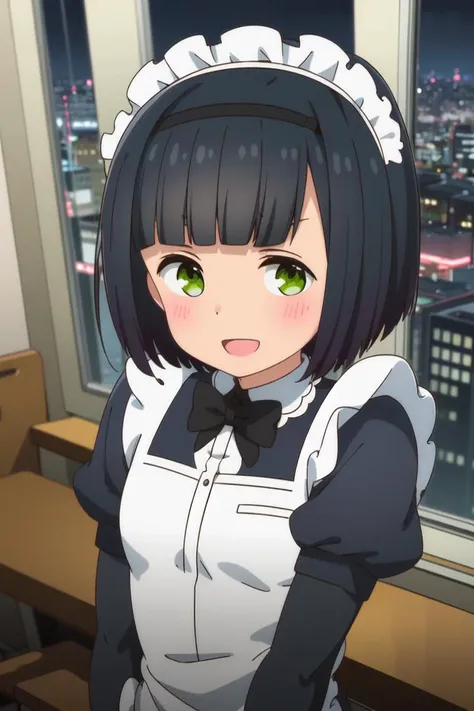 2d, masterpiece, best quality, anime, highly detailed face, highly detailed eyes, highly detailed background, perfect lighting, bedroom, looking at viewer, (from above:0.8), 1girl, solo, hitoribocchi no marumaru seikatsu anime lineart, kako kurai, dark gray hair, short hair, blunt bangs, black hairband, green eyes, ((( maid ))), black socks, brown shoes, ((( small body ))), city lights, skyscraper, rooftop, restaurant, (( night )), :d, smile, <lora:kakokurai:0.9>,