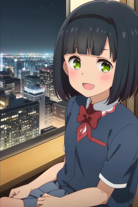 2d, masterpiece, best quality, anime, highly detailed face, highly detailed eyes, highly detailed background, perfect lighting, bedroom, looking at viewer, (from above:0.8), 1girl, solo, hitoribocchi no marumaru seikatsu anime lineart, kako kurai, dark gray hair, short hair, blunt bangs, black hairband, green eyes, white shirt, long pleated gray skirt, black socks, brown shoes, small body, city lights, skyscraper, rooftop, (( night )), :d, smile, <lora:kakokurai:0.9>,
