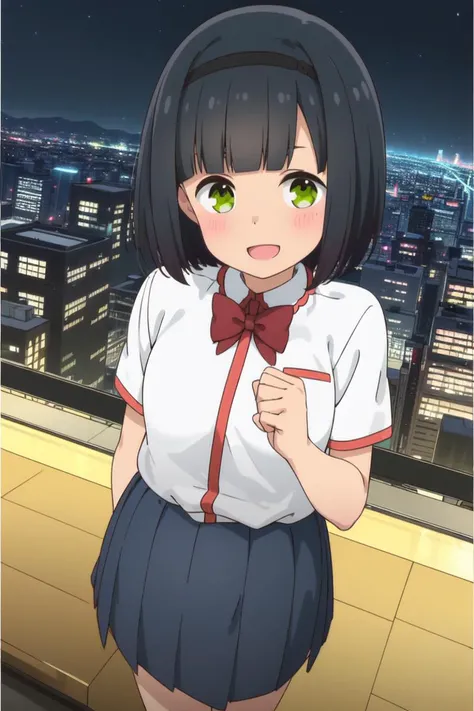 2d, masterpiece, best quality, anime, highly detailed face, highly detailed eyes, highly detailed background, perfect lighting, bedroom, looking at viewer, (from above:0.8), 1girl, solo, hitoribocchi no marumaru seikatsu anime lineart, kako kurai, dark gray hair, short hair, blunt bangs, black hairband, green eyes, white shirt, long pleated gray skirt, black socks, brown shoes, small body, city lights, skyscraper, rooftop, (( night )), :d, smile, <lora:kakokurai:0.9>,