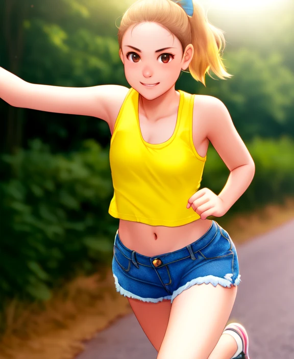 a very cute teenage girl jogging  in a tank top and denim shorts, dark blonde ponytail, lens flare