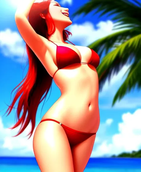 a young woman in a red  dancing enthusiastically on a tropical beach, realistic, 4K HD