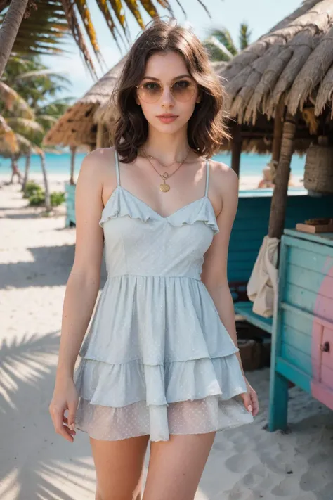 best quality, masterpiece, (photo realistic:1.4), detailed skin, intricate details, a 20 year old pretty Caucasian girl, (brunette:1.5), detailed background, bikini, (skin texture) (film grain:1.3), (warm hue, warm tone:1.2), cinematic light, ultra high res, best shadow, RAW, (hazy glow), (fading afternoon sun), (vintage lens), (bygone era), (romance), (mystique), (antique camera), (aged metal body), (soft click of the shutter), (golden-hour light), (long shadows), (weathered brick walls), (graffiti-adorned alleys), (ethereal quality), (muted pastel tones), (distant memory), (gentle haze), (dreamlike nostalgia), (light leak), (lens flare), (analog days), (unpredictable allure), (polka-dot skater dress with a ruffled neckline), (block-heel sandals with ankle straps), (layered necklace with a delicate charm), (beaded bracelet set), (oversized round sunglasses), (canvas backpack), (Island paradise with white sandy beaches and turquoise waters), (tropical fish swimming in coral reefs), (palm-thatched beach huts offering shade), (coconut palms swaying in the ocean breeze)