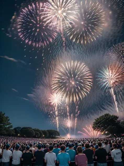 (((Excited crowd watching a fireworks show, crowd mouth open, crowd excited look, cheering crowd shouting "tamaya", surrounded, crowded)))
