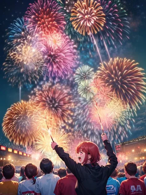 (((Excited crowd watching a fireworks show, crowd mouth open, crowd excited look, cheering crowd shouting "tamaya", surrounded, crowded)))