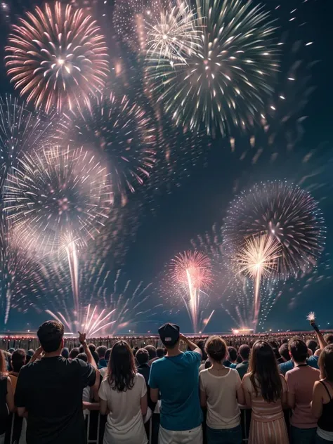 (((Excited crowd watching a fireworks show, crowd mouth open, crowd excited look, cheering crowd shouting "tamaya", surrounded, crowded)))