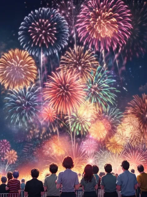 (((Excited crowd watching a fireworks show, crowd mouth open, crowd excited look, cheering crowd shouting "tamaya", surrounded, crowded)))