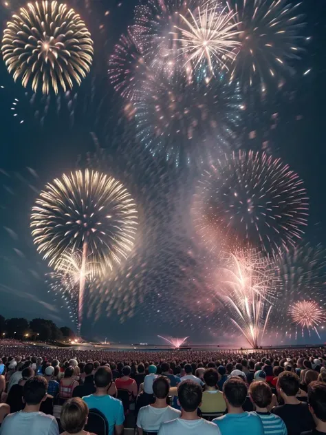 (((Excited crowd watching a fireworks show, crowd mouth open, crowd excited look, cheering crowd shouting "tamaya", surrounded, crowded)))