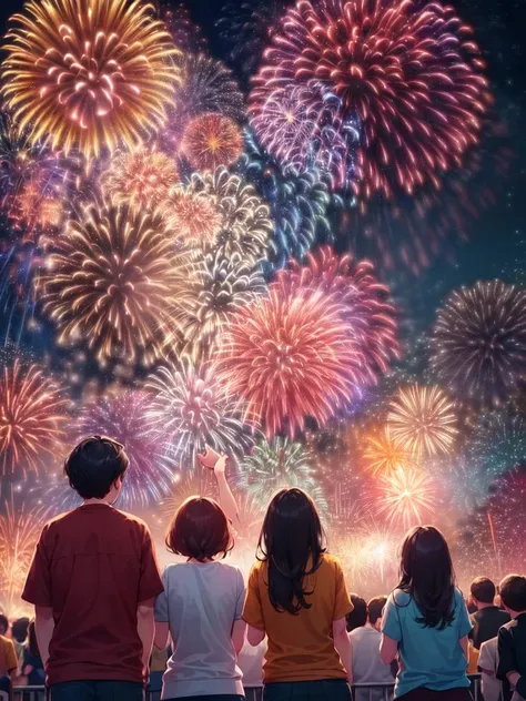 (((Excited crowd watching a fireworks show, crowd mouth open, crowd excited look, crowd shouting "tamaya", surrounded, crowded)))