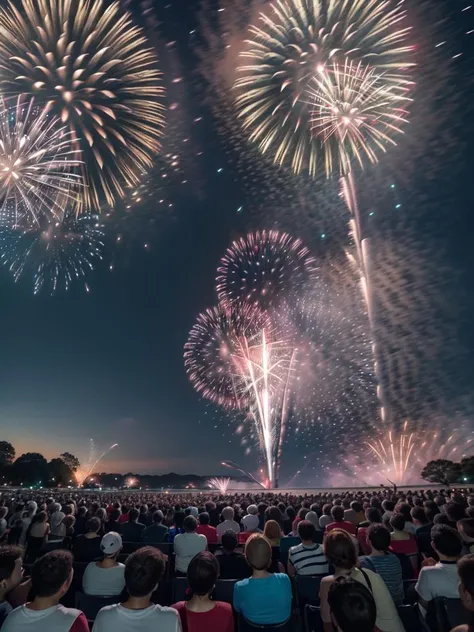 (((Excited crowd watching a fireworks show, crowd mouth open, crowd excited look, cheering crowd shouting "tamaya", surrounded, crowded)))