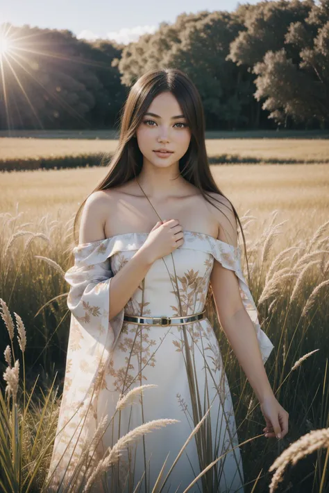 1girl, detailed Digital artwork, award winning, profile of a Cute [Warrior|Disciplined] ("Vogue, beauty's where you find it.":1.3) , Fluid field in background, lush nature and reeds, at Midday, shallow depth of field, Dynamic, Peaceful, Chibi Anime, dramatic lighting, Circular polarizer, Offset print, Amaranth power aura, rpg concept art, adobe lightroom, contest winner, fauna, woman