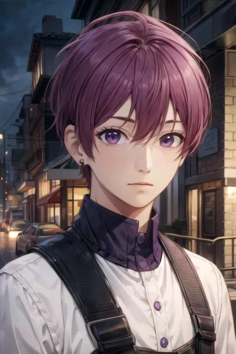 masterpiece, best quality, photorealistic, 1boy, solo, male focus, looking at viewer, , , <lora:souma_shiki:0.66>, souma_shiki, purple hair, purple eyes, , , The Shattering Isles,