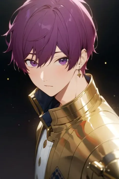 masterpiece, best quality, wallpaper, 1boy, solo, male focus, looking at viewer, upper body, depth of field, <lora:souma_shiki:0.74>, souma_shiki, purple hair, purple eyes, , islamic golden age,