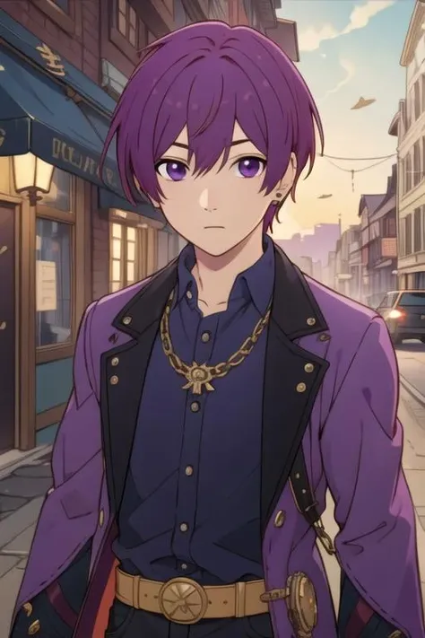 masterpiece, best quality, , 1boy, solo, male focus, looking at viewer, , depth of field, <lora:souma_shiki:0.74>, souma_shiki, purple hair, purple eyes, , steampunk,