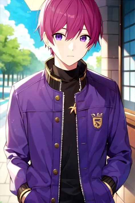 masterpiece, best quality, , 1boy, solo, male focus, looking at viewer, upper body, depth of field, <lora:souma_shiki:0.66>, souma_shiki, purple hair, purple eyes, bomber jacket, , Oz: A land of enchantment, where anything is possible,