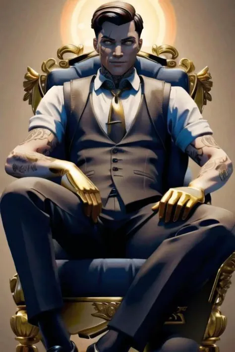 ((Masterpiece, best quality)), <lora:MidasLoRA:.8> midas, with, tattoos, scar, vest, tie, serious, gold hands, sitting on desk, erection under clothes,