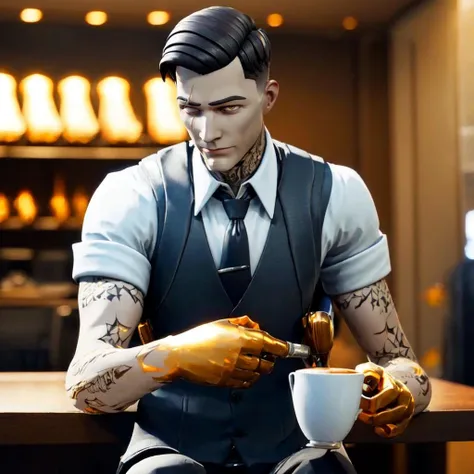 a man sitting in a cafe drinking tea (full body), high detail skin, high detail eyes, high detail hair, highres, ultra detailed:1.2, detailed pores, imperfect skin:1.2, detailed reflective shiny skin, diffused skin pores,sharpen picture, Highly detailed, masterpiece, best quality <lora:MidasLoRA:1> midas, with, tattoos, scar, and, vest, tie, holding, gun