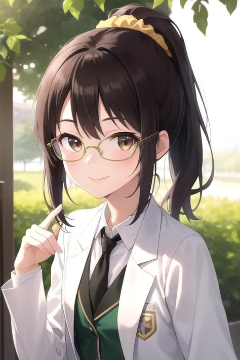 ((masterpiece)),(best quality),official art,extremely delicate and beautiful,extremely detailed CG,unity 8k wallpaper,ultra detailed,beautiful detailed eyes,extremely detailed face,outdoors,1girl,solo,upper body,(portrait:1.5),looking at viewer,facing viewer,smile,(petite:1.2),Shiguma Rika,long hair,brown hair,hair scrunchie,yellow scrunchie,high ponytail,brown eyes,glasses,labcoat,st. chronica academy school uniform,black necktie,collared shirt,white shirt,medium breasts,skindentation,miniskirt,green skirt,plaid skirt,pleated skirt,frilled skirt,black socks,loafers,<lora:Shiguma Rika(idhmf)>,