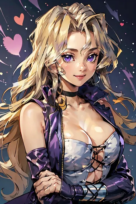 (masterpiece, best quality), 1girl,   <lora:Mai_Valentine:0.8> kujaku mai, purple eyes, long hair, blonde hair, smile, hearts, bare shoulders, cleavage, coat, collarbone, corset, cross-laced clothes, detached sleeves,