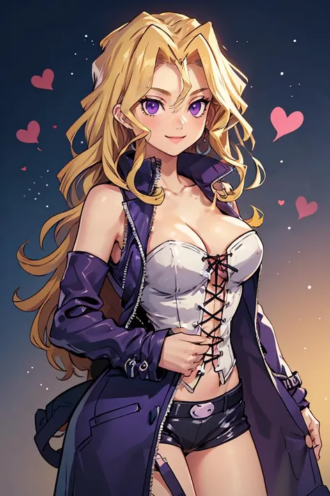 (masterpiece, best quality), 1girl, <lora:Mai_Valentine:0.8> kujaku mai, purple eyes, long hair, blonde hair, smile, hearts, bare shoulders, cleavage, coat, collarbone, corset, cross-laced clothes, detached sleeves,