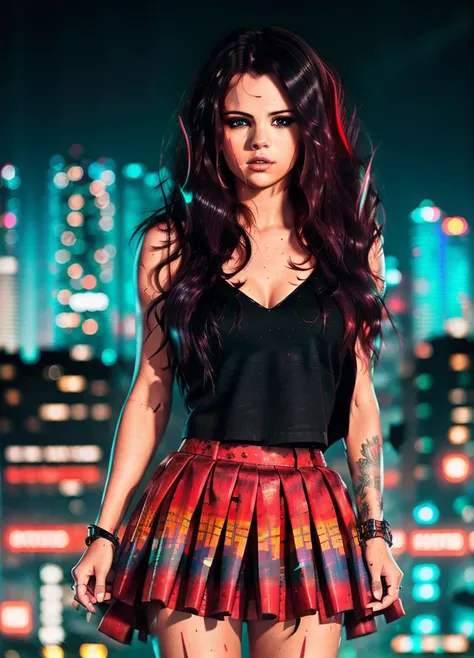 Portrait of a woman in cyberpunk, red skirt, city and buildings in the background,, "Carne Griffiths"
 <lora:Selena_3:1>