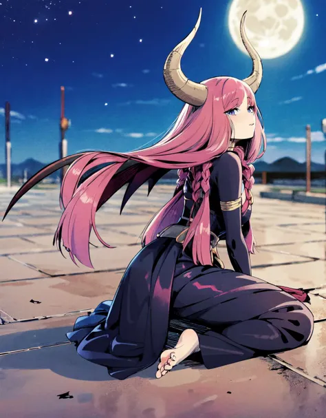 (best quality:1.2), 1girl, black dress, bat wings, red hair, long hair, sky, moon, horns, full body, <lora:tsukasa_3_locon:0.9> <lora:aura:0.7> aura, horns, , twin braids, pink hair