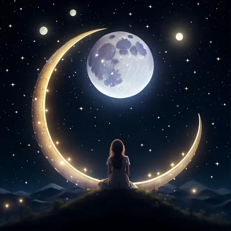 1girl, crescent_moon in sky, earth_\(planet\), fireflies, fireworks, full_moon, galaxy, light_particles, milky_way, moon, moonlight, night, night_sky, planet, <lora:crescentMoon:0.4>
