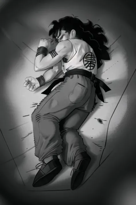 <lora:GlueTrapMeme:1>, IncrsGlueTrapMeme, on side, (greyscale:1.2), (monochrome:1.2),
<lora:yamcha_v1_1:0.8>, yamcha, 1boy, black hair, black eyes, long hair, bangs, scar on face, dougi, pants, sash, wristbands, black shoes, insignia,
<lora:concept_yamchapose:1>, yamchapose, lying, on side, closed eyes