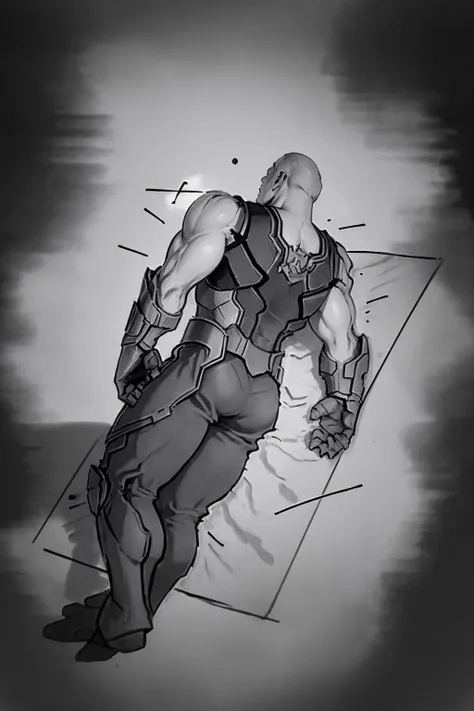 Highly detailed, High Quality, Masterpiece, beautiful, IncrsGlueTrapMeme, on side, from behind, <lora:GlueTrapMeme:1>, greyscale, monochrome, photo of thnos,1boy, muscular, <lora:Char_Sigmas_Thanos:0.7>