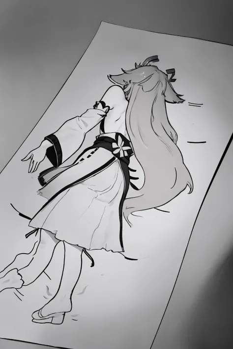Highly detailed, High Quality, Masterpiece, beautiful, IncrsGlueTrapMeme, on side, from behind, <lora:GlueTrapMeme:1>, 1girl, yae miko, long hair, pink hair, animal ears, <lora:Char_GenshinImpact_YaeMiko:1>, greyscale, monochrome,