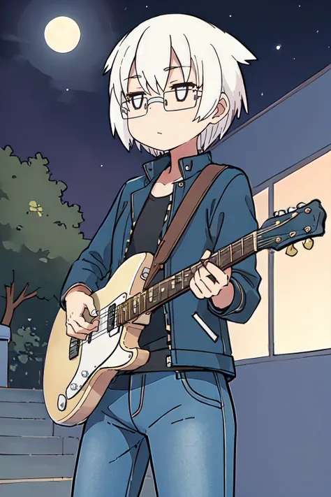 1girl, yamashita, white hair, glasses, (playing a guitar), leather jacket, denim pants, outdoors, night, masterpiece, best quality, detailed   <lora:YamashitaUeno:0.7>