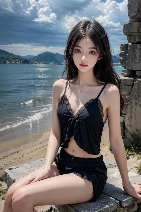 best quality,[masterpiece],((beautiful:0.75) cute girl:0.75),Professional,photo_(medium),(available light:1.2),(1girl:1.2),solo,(front:1.3),(sitting:1.4),(seaside:1.3),cloudy sky,mountain,five fingers,(looking at viewer:1.2),(mid_shot:1.4),
<lora:add_detail:0.5>,<lora:Underwear13:0.7>,black shorts,black camisole,