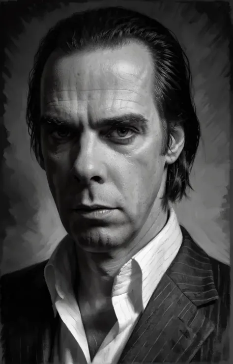 ohwxnc man charcoal lines, strong shadows and bright highlights,hyper-realistic character,elegance, dramatic lighting, greyscale, concept art,hyper detailed <lora:nickcave-ohwxnc:1>