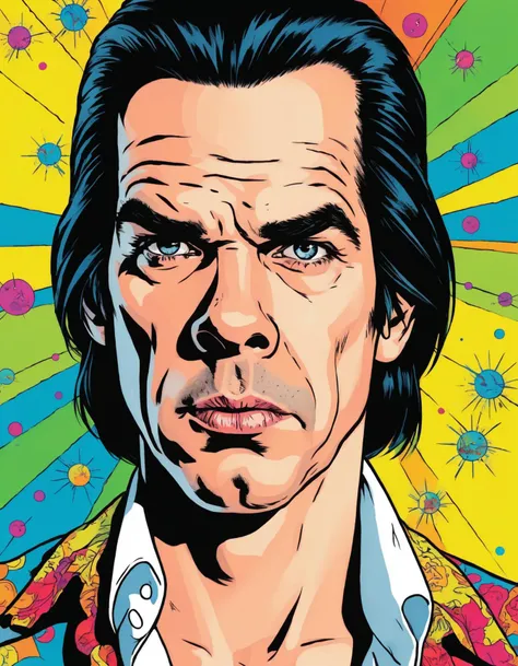 um close up de um desenho de um homem com uma jaqueta de couro, Epic portrait illustration, in illustration style digital, estilo de arte vetorial, inspirado em Clint Cearley, arte vetorial, desenho de estilo vetorial, arte vetorial limpa, fan art, Um retrato anime de David Bowie, Jim Carrey Caricatura Realismo, Arte vetorial HD, O Homem de Areia da Graphic Novel, retrato colorido detalhado