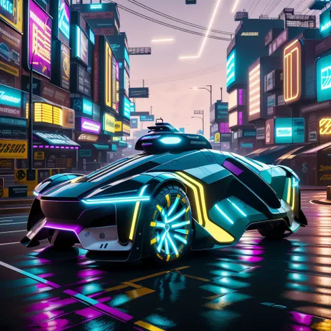 a futuristic cyberpunk-styled black sports car driving down a road at night with a street light in the background , award winning photography, magazine photography, wide angle photography, front view, racing shot, perspective view, high definition, <lora:last:1>
