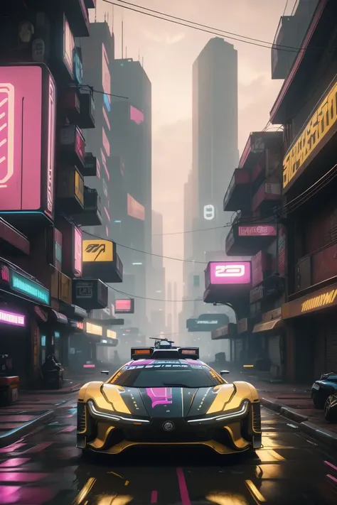 High quality photo of a scene of city racing, the car is from Cyberpunk 2077 videogame , reflections, Night City in background , professional photography, futuristic lighting, concept space-car, award winning photograp, magazine photography, wide angle photography, racing shot, perspective view, high definition, cyberpunk2077, cyberpunk <lora:Cyber_Cars_e10:0.8>