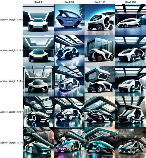 a futuristic vehicle is parked in front of a building with a large window and a roof