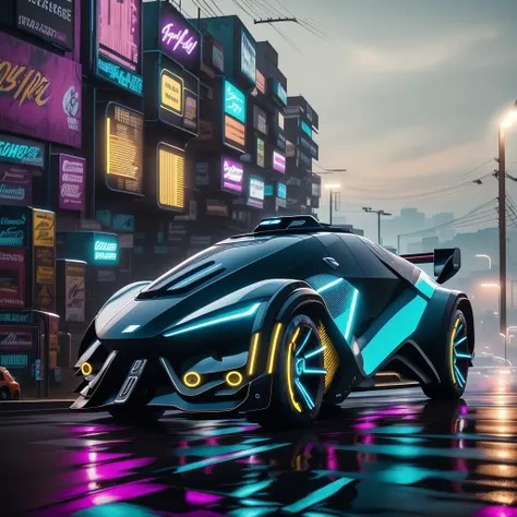 a futuristic  cyberpunk-styled black sports car driving down a road at night with a street light in the background , award winning photography, magazine photography, wide angle photography, front view, racing shot, perspective view, high definition, <lora:last:1>