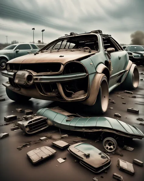a car with a broken front bumper sits in a parking lot with debris all around it , award winning photography, magazine photography, wide angle photography, racing shot, perspective view, high definition